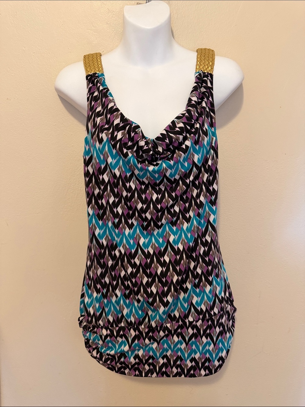 Studio Y Black Teal Purple Printed Cowl Tank with Gold Braided Straps